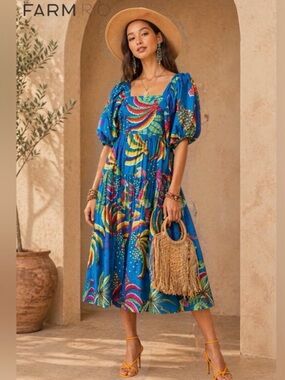 FARM Rio Blue Tropical Print Puff-Sleeve  tiered Midi Dress